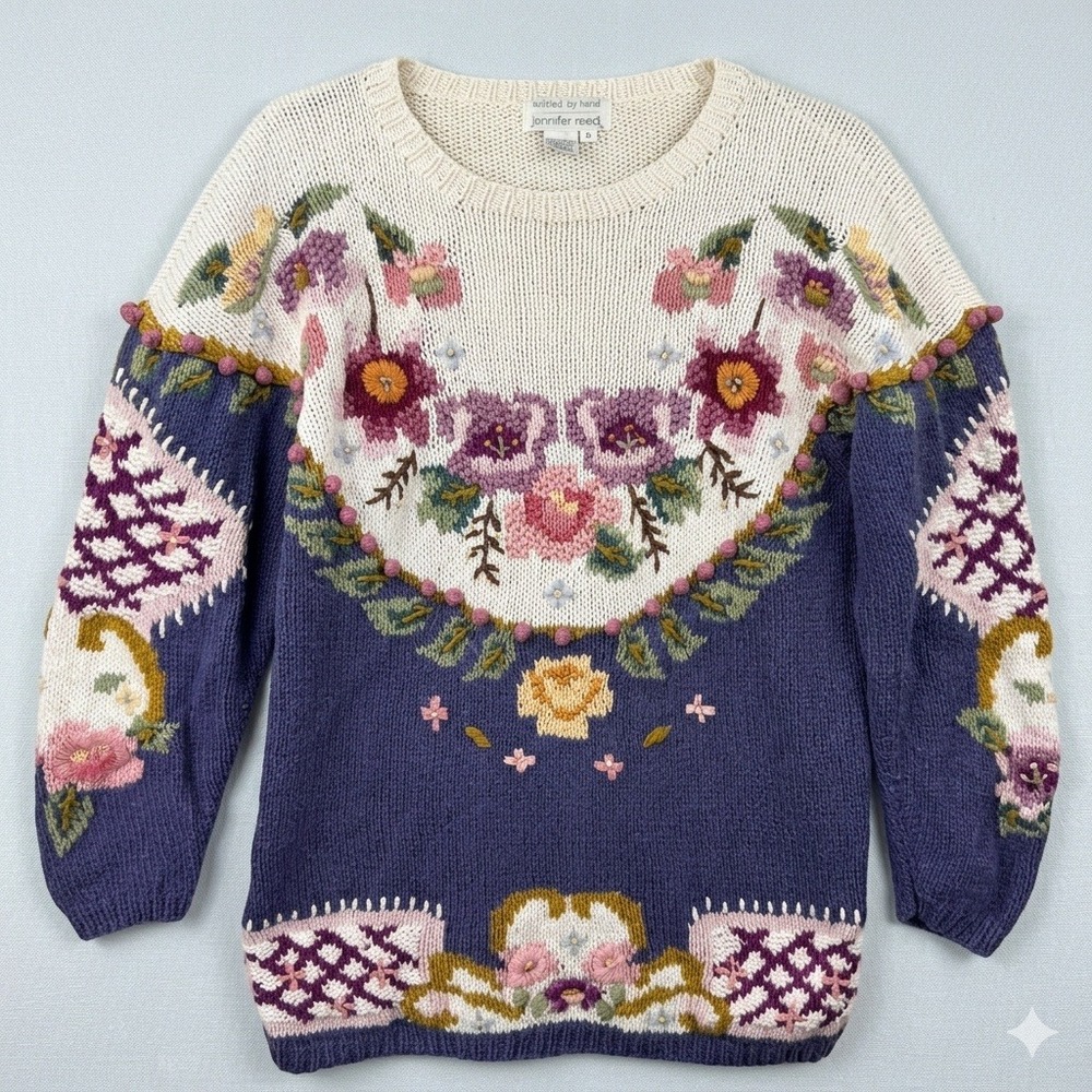 Vintage Jennifer Reed Floral Hand Knitted Sweater Women Medium Cottagecore